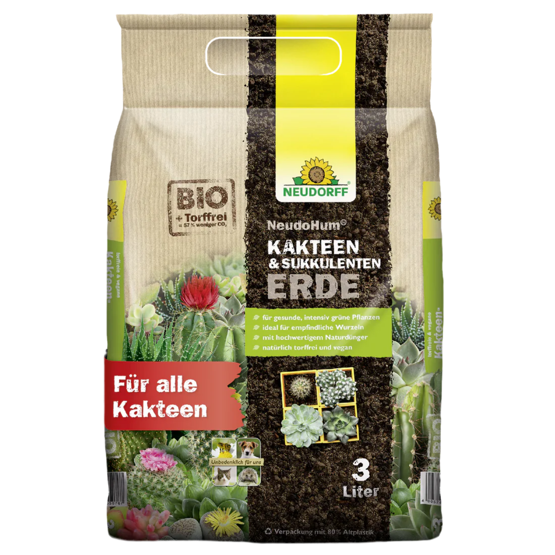 Neudorff NeudoHum – Pflanzenerde für Kakteen & Sukkulenten – torffrei – 3 Liter – biologisch