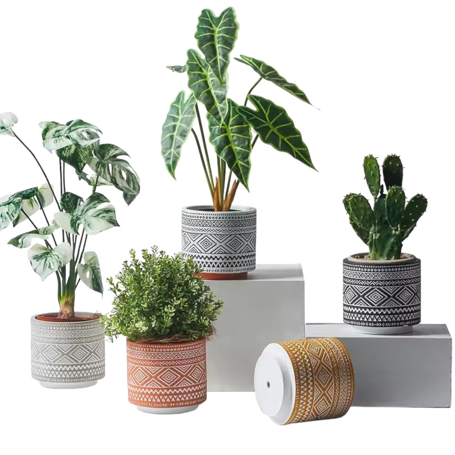 BOHO AURA – Blumentopf, Terracotta-Schwarz-Weiß, Ø 13,5 cm, handgefertigt