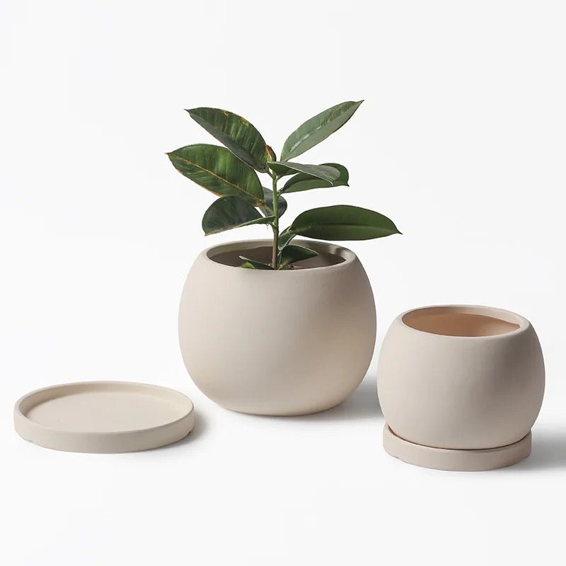 Keramik-Blumentopf, Kugelform, mit Untersetzer, Terracotta -KAKTOS