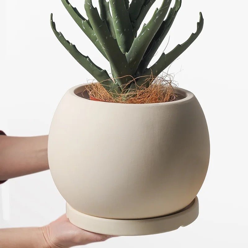Keramik-Blumentopf, Kugelform, mit Untersetzer, Terracotta -KAKTOS