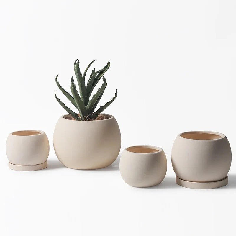 Keramik-Blumentopf, Kugelform, mit Untersetzer, Terracotta -KAKTOS