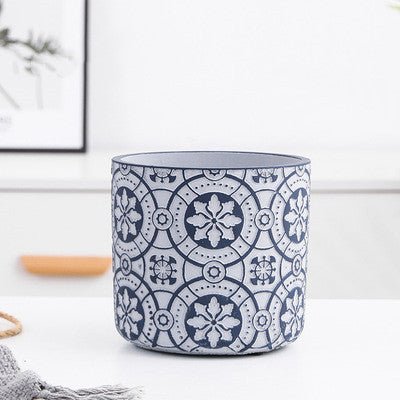Blumentopf mit nordischem Mustern aus Beton, Ø11cm, blau/grau mit Loch -KAKTOS Pflanzgefäße & Zubehör