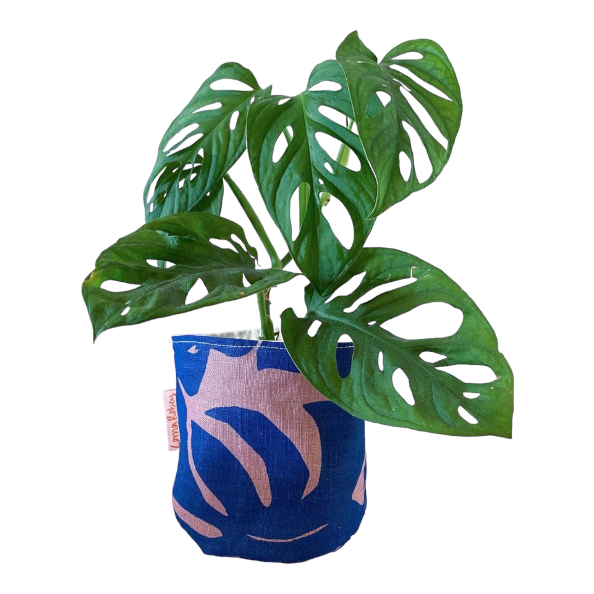 LORNA – Blumentopfhülle für Innenbereiche, Leinen & Baumwolle, Lavendelblau mit Blattdruck, Ø 12,5 cm, handbedruckt in Großbritannien