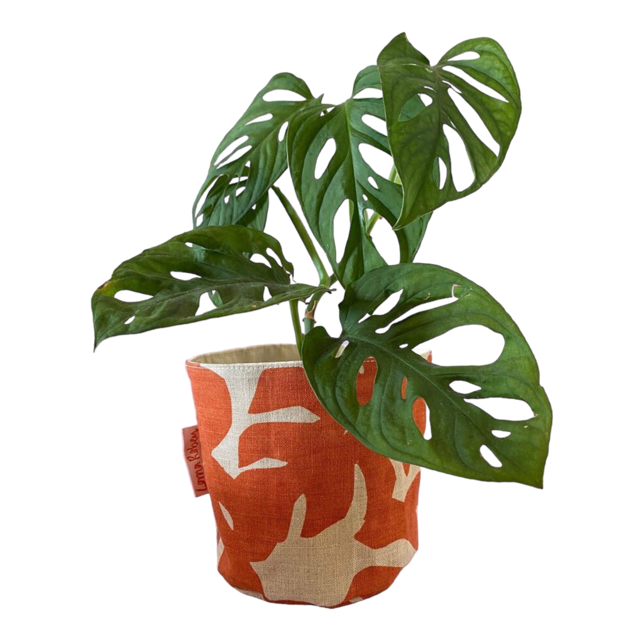 LORNA – Blumentopfhülle für Innenbereiche, Leinen & Baumwolle, Orange mit Blattdruck, Ø 12,5 cm, handbedruckt in Großbritannien