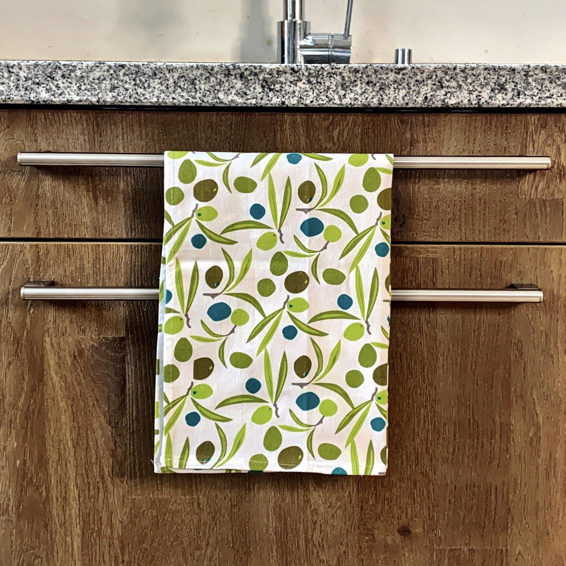 Naxos - Geschirrtuch - Olivenmuster auf Weiss - 100% Baumwolle -KAKTOS Pflanzen & Zubehör