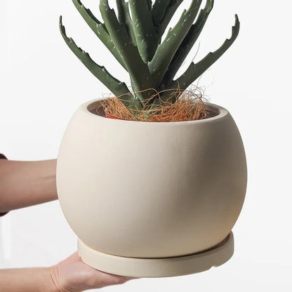 Keramik-Blumentopf, Kugelform, mit Untersetzer, Terracotta -KAKTOS