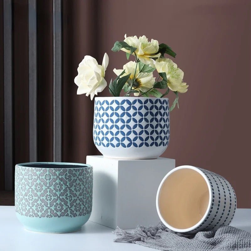 Keramik-Blumentopf, blau/weiß gepunktet, verschiedene Größen -KAKTOS