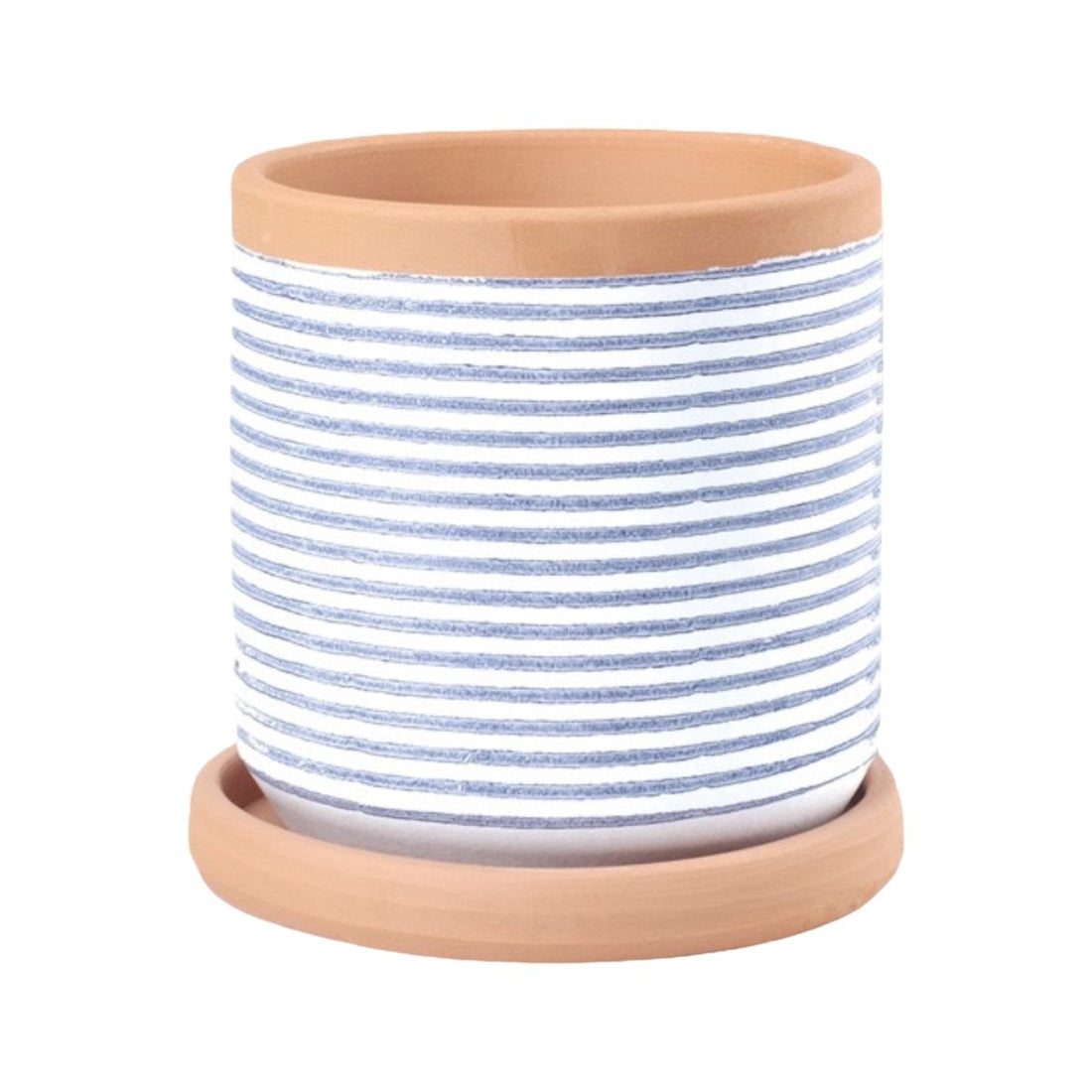 Blauer Übertopf mit Untertasse, horizontal gestreift, handgefertigt, Kollektion Lama -KAKTOS