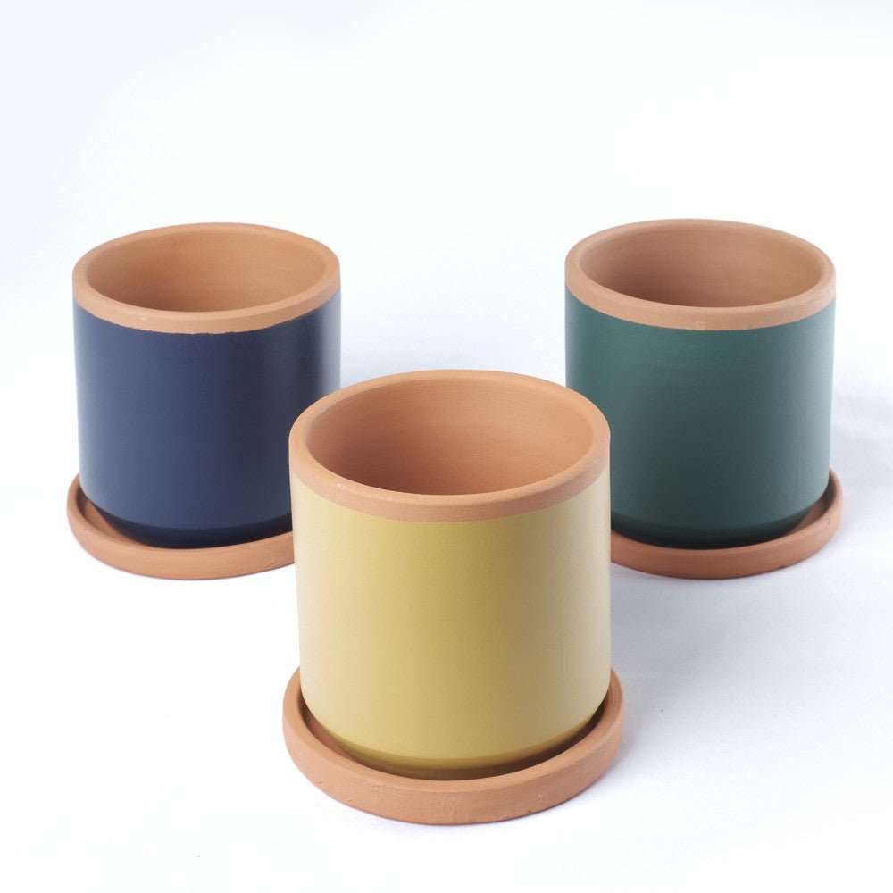 Casa Atlântica Terracotta-Blumentopf (Ø 13cm) in Waldgrün mit Untersetzer, handgefertigt -KAKTOS